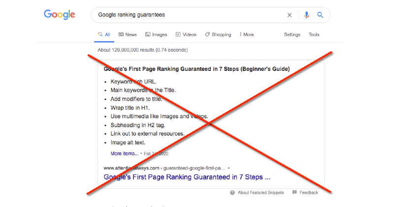 Google search results for ranking guarantees, crossed out.